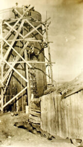 vintage photograph of a donkey hogtied and being lowered down from the top of a…